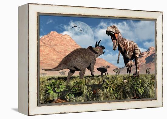 Prehistoric Battle Between a Triceratops and Tyrannosaurus Rex-null-Framed Stretched Canvas