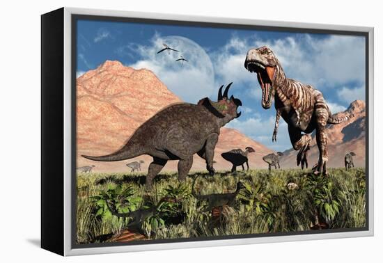 Prehistoric Battle Between a Triceratops and Tyrannosaurus Rex-null-Framed Stretched Canvas