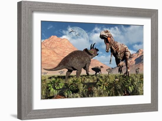 Prehistoric Battle Between a Triceratops and Tyrannosaurus Rex-null-Framed Premium Giclee Print