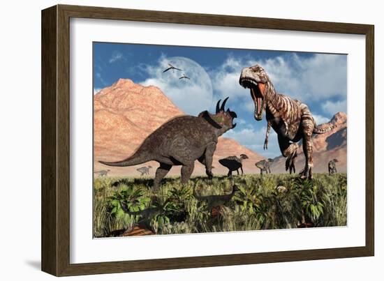 Prehistoric Battle Between a Triceratops and Tyrannosaurus Rex-null-Framed Premium Giclee Print