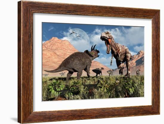 Prehistoric Battle Between a Triceratops and Tyrannosaurus Rex-null-Framed Premium Giclee Print