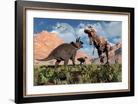 Prehistoric Battle Between a Triceratops and Tyrannosaurus Rex-null-Framed Premium Giclee Print