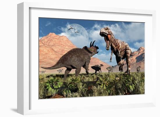 Prehistoric Battle Between a Triceratops and Tyrannosaurus Rex-null-Framed Premium Giclee Print