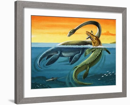 Prehistoric Creatures in the Ocean-null-Framed Giclee Print