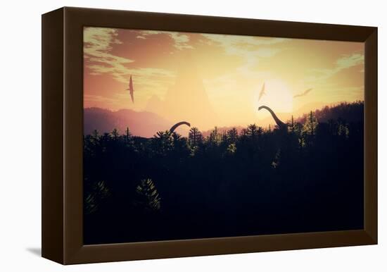 Prehistoric Jungle with Dinosaurs in the Sunset Sunrise 3D Artwork-boscorelli-Framed Stretched Canvas