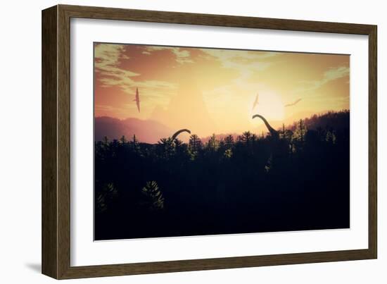 Prehistoric Jungle with Dinosaurs in the Sunset Sunrise 3D Artwork-boscorelli-Framed Art Print