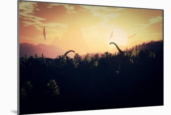 Prehistoric Jungle with Dinosaurs in the Sunset Sunrise 3D Artwork-boscorelli-Mounted Art Print