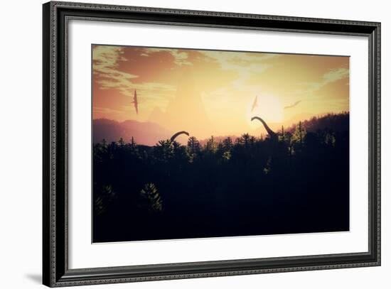 Prehistoric Jungle with Dinosaurs in the Sunset Sunrise 3D Artwork-boscorelli-Framed Art Print