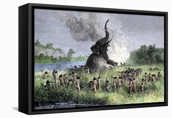 Prehistory: Mammoth Hunters Using Bows and Arrows. Colourful Engraving of the 19Th Century.-null-Framed Premier Image Canvas