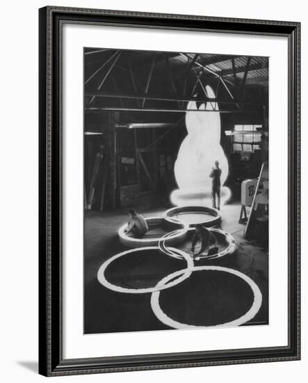 Preparations For the Olympics, Olympic Symbol Being Made in Neon-John Dominis-Framed Photographic Print