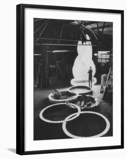Preparations For the Olympics, Olympic Symbol Being Made in Neon-John Dominis-Framed Photographic Print