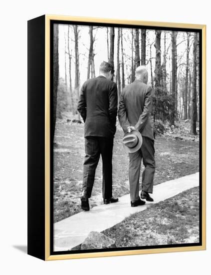 Pres Dwight Eisenhower and John Kennedy after Failed Bay of Pigs Invasion, Camp David, Apr 22, 1961-null-Framed Stretched Canvas