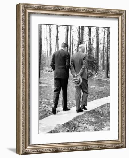 Pres Dwight Eisenhower and John Kennedy after Failed Bay of Pigs Invasion, Camp David, Apr 22, 1961-null-Framed Photo