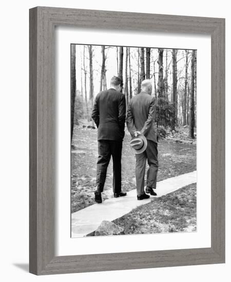 Pres Dwight Eisenhower and John Kennedy after Failed Bay of Pigs Invasion, Camp David, Apr 22, 1961-null-Framed Photo