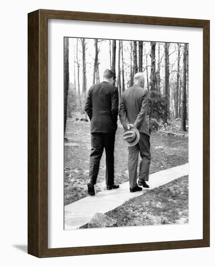 Pres Dwight Eisenhower and John Kennedy after Failed Bay of Pigs Invasion, Camp David, Apr 22, 1961-null-Framed Photo