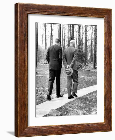 Pres Dwight Eisenhower and John Kennedy after Failed Bay of Pigs Invasion, Camp David, Apr 22, 1961-null-Framed Photo