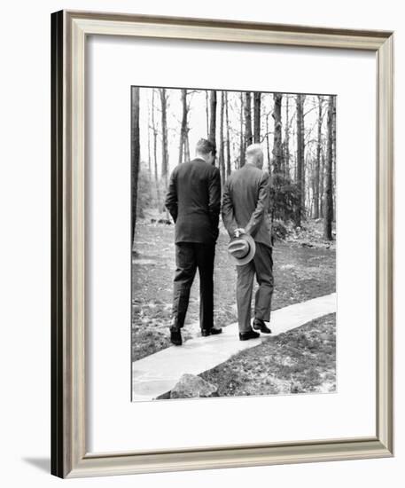 Pres Dwight Eisenhower and John Kennedy after Failed Bay of Pigs Invasion, Camp David, Apr 22, 1961-null-Framed Photo