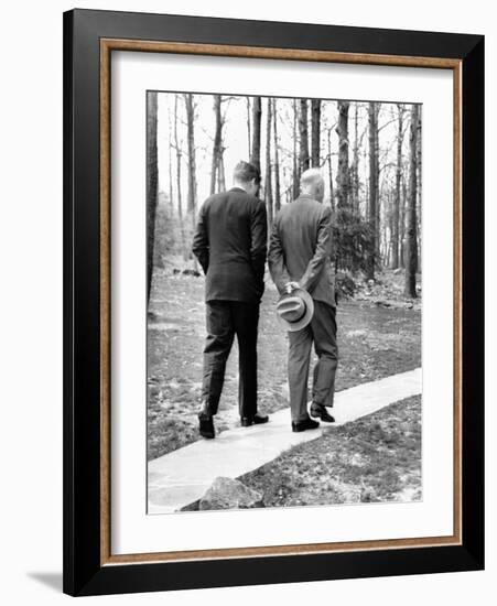 Pres Dwight Eisenhower and John Kennedy after Failed Bay of Pigs Invasion, Camp David, Apr 22, 1961-null-Framed Photo