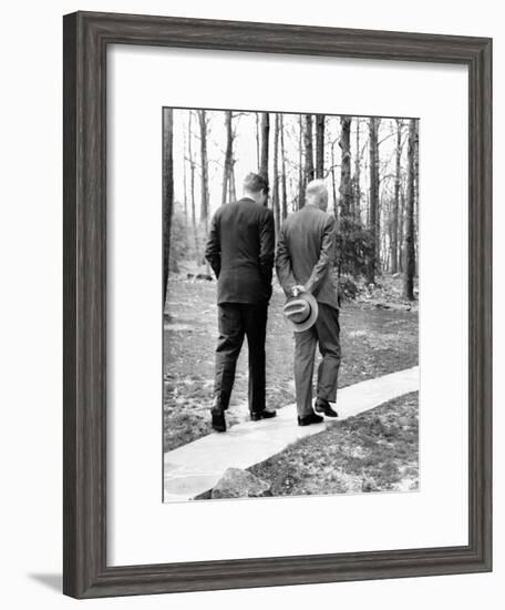 Pres Dwight Eisenhower and John Kennedy after Failed Bay of Pigs Invasion, Camp David, Apr 22, 1961-null-Framed Photo