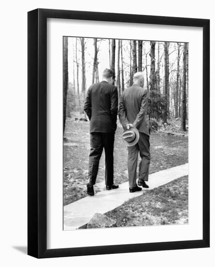 Pres Dwight Eisenhower and John Kennedy after Failed Bay of Pigs Invasion, Camp David, Apr 22, 1961-null-Framed Photo