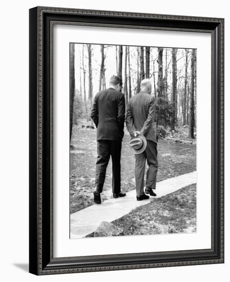 Pres Dwight Eisenhower and John Kennedy after Failed Bay of Pigs Invasion, Camp David, Apr 22, 1961-null-Framed Photo