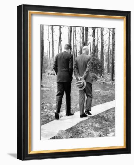 Pres Dwight Eisenhower and John Kennedy after Failed Bay of Pigs Invasion, Camp David, Apr 22, 1961-null-Framed Photo