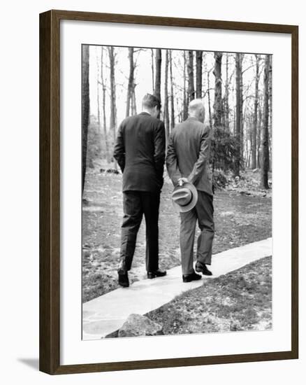 Pres Dwight Eisenhower and John Kennedy after Failed Bay of Pigs Invasion, Camp David, Apr 22, 1961-null-Framed Photo