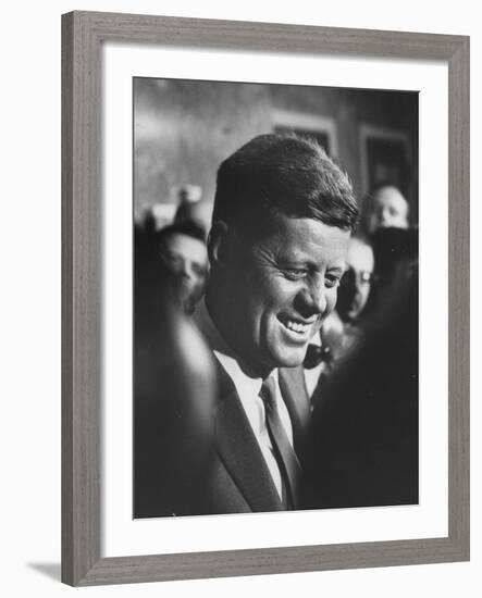 Pres.-Elect John F. Kennedy, on Announcement of Birth of His Son, at Home in Georgetown-null-Framed Photographic Print