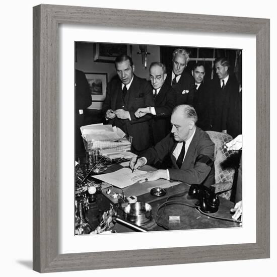 Pres. Franklin D. Roosevelt Signing Declaration of War Following Japanese Bombing of Pearl Harbor-Thomas D^ Mcavoy-Framed Photographic Print