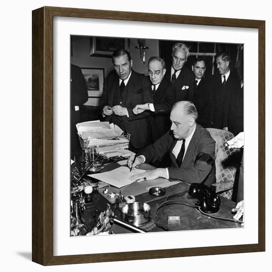 Pres. Franklin D. Roosevelt Signing Declaration of War Following Japanese Bombing of Pearl Harbor-Thomas D^ Mcavoy-Framed Photographic Print