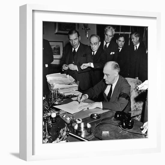 Pres. Franklin D. Roosevelt Signing Declaration of War Following Japanese Bombing of Pearl Harbor-Thomas D^ Mcavoy-Framed Photographic Print