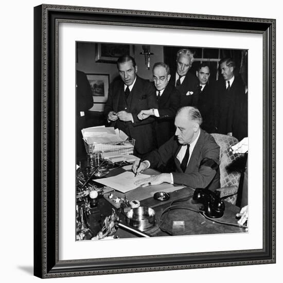 Pres. Franklin D. Roosevelt Signing Declaration of War Following Japanese Bombing of Pearl Harbor-Thomas D^ Mcavoy-Framed Photographic Print