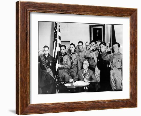 Pres Franklin Roosevelt and Honor Scouts on 27th Anniversary of Boy Scouts Founding, Feb 8, 1937-null-Framed Photo