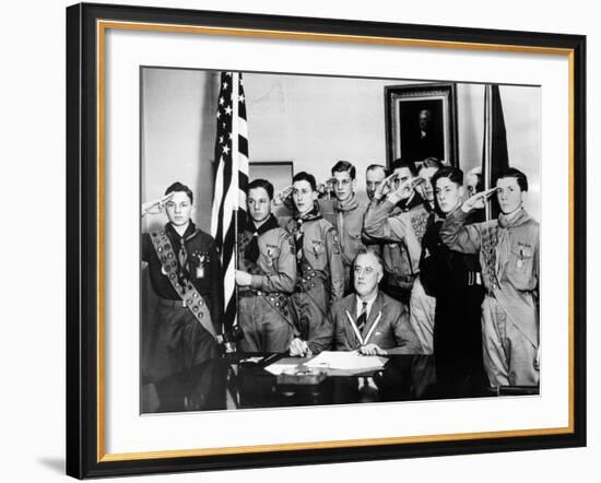 Pres Franklin Roosevelt and Honor Scouts on 27th Anniversary of Boy Scouts Founding, Feb 8, 1937-null-Framed Photo