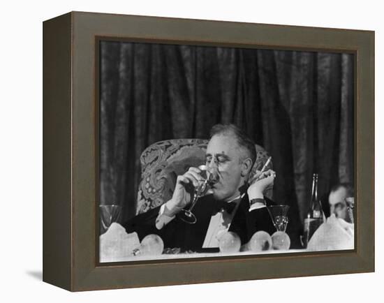 Pres. Franklin Roosevelt Drinking Wine and Smoking a Cigarette During the Jackson Day Dinner-null-Framed Premier Image Canvas