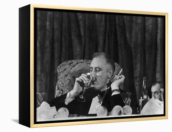 Pres. Franklin Roosevelt Drinking Wine and Smoking a Cigarette During the Jackson Day Dinner-null-Framed Premier Image Canvas