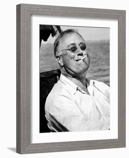 Pres Franklin Roosevelt Smokes Cigarette and Fishing During Vacation on Gulf of Mexico, May 10 1937-null-Framed Photo