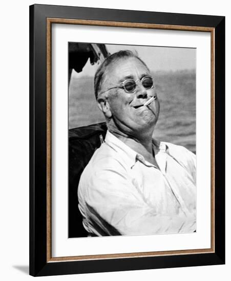 Pres Franklin Roosevelt Smokes Cigarette and Fishing During Vacation on Gulf of Mexico, May 10 1937-null-Framed Photo