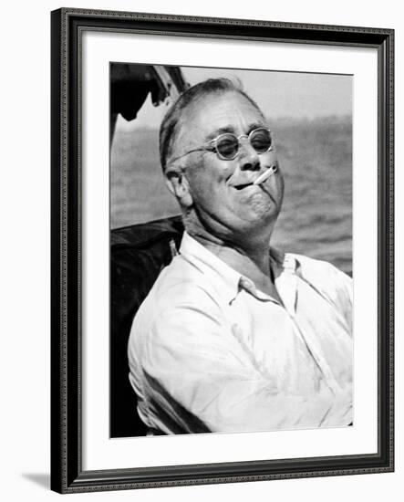 Pres Franklin Roosevelt Smokes Cigarette and Fishing During Vacation on Gulf of Mexico, May 10 1937-null-Framed Photo