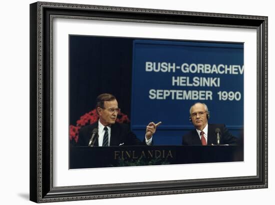 Pres. George H. W. Bush and Soviet Pres. Mikhail Gorbachev at the Helsinki Summit, Sept. 9, 1990-null-Framed Premium Photographic Print