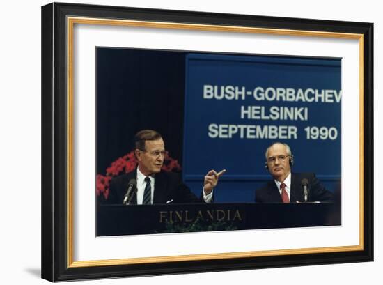 Pres. George H. W. Bush and Soviet Pres. Mikhail Gorbachev at the Helsinki Summit, Sept. 9, 1990-null-Framed Premium Photographic Print