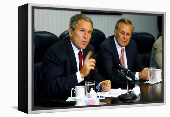 Pres. George W. Bush and Donald Rumsfeld Meet with Press on Sept. 17, 2001-null-Framed Stretched Canvas