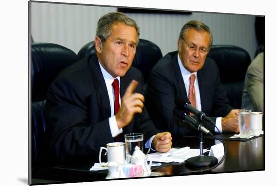 Pres. George W. Bush and Donald Rumsfeld Meet with Press on Sept. 17, 2001-null-Mounted Photo
