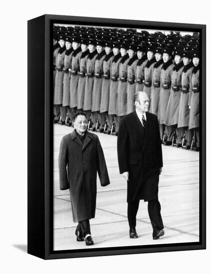 Pres Gerald Ford Walks with China's Vice Premier Deng Xiaoping During Visit to China, Dec 5, 1975-null-Framed Stretched Canvas