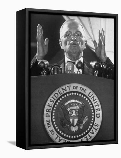 Pres. Harry S. Truman Giving a Speech at a Jefferson-Jackson Day Dinner-null-Framed Premier Image Canvas