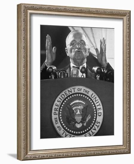 Pres. Harry S. Truman Giving a Speech at a Jefferson-Jackson Day Dinner-null-Framed Photographic Print