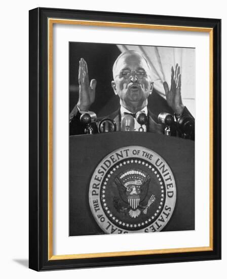 Pres. Harry S. Truman Giving a Speech at a Jefferson-Jackson Day Dinner-null-Framed Photographic Print