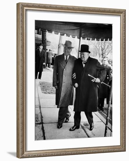 Pres. Harry Truman Walking Arm-In-Arm with British Prime Minister Winston Churchill, Blair House-George Skadding-Framed Photographic Print