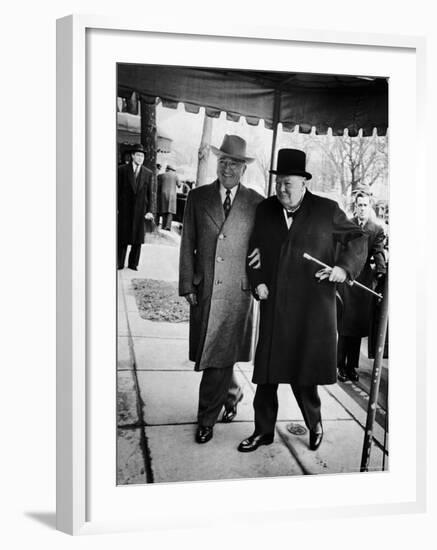 Pres. Harry Truman Walking Arm-In-Arm with British Prime Minister Winston Churchill, Blair House-George Skadding-Framed Photographic Print