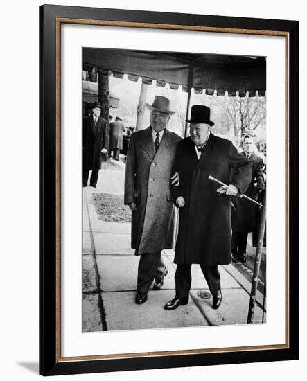 Pres. Harry Truman Walking Arm-In-Arm with British Prime Minister Winston Churchill, Blair House-George Skadding-Framed Photographic Print
